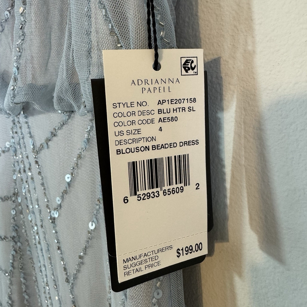 ADRIANNA PAPELL Beaded Cap Sleeve Blouson Gown Grayish Blue Size 4 - Picture 5 of 7